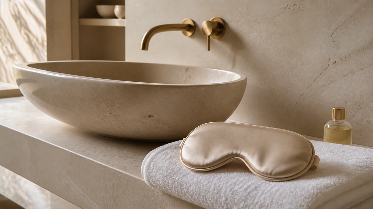 Illustrative luxury bathroom care scene with a champagne silk sleep mask on a folded towel beside a large stone washbasin.