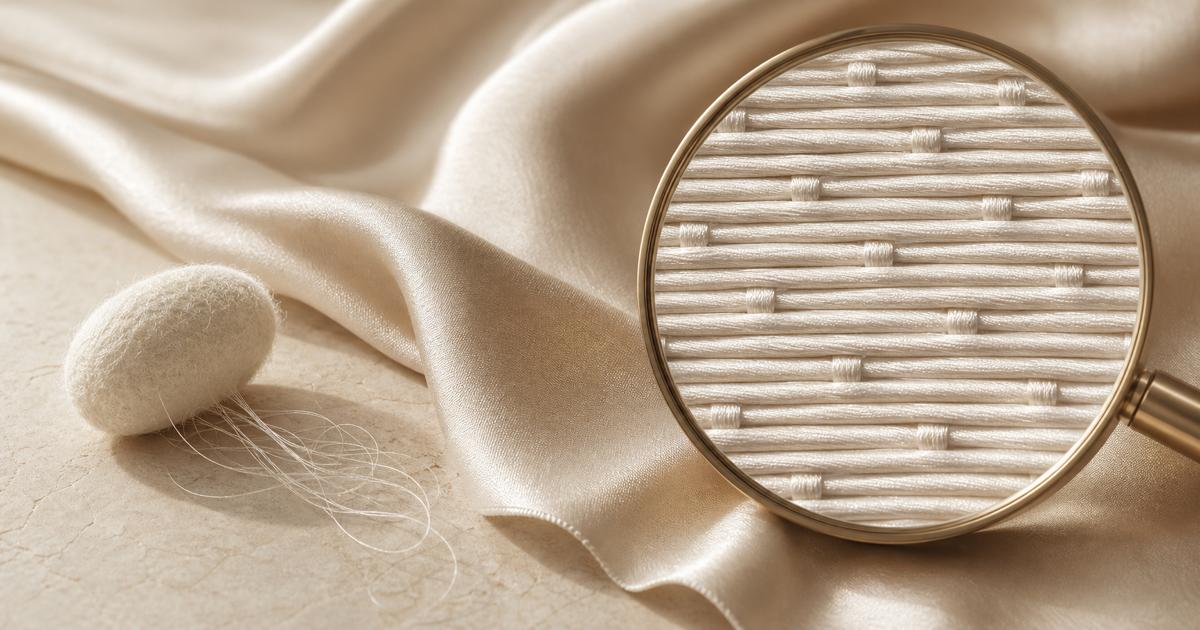 Silk cocoon, champagne silk fabric, and a magnifying lens showing a satin weave structure.